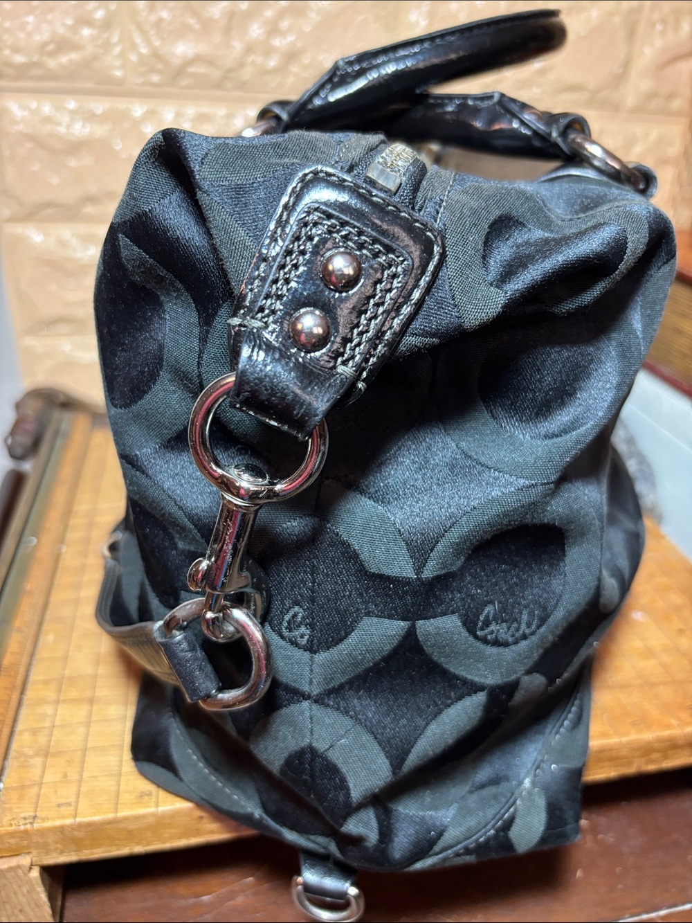 Coach Black Op Art Madison Satchel Leather Handles, Shoulder Strap, Silver Bag - Picture 8 of 17